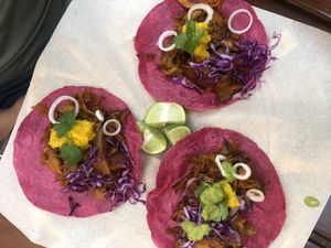 Al pastor tacos at La Pitahaya Vegana - Mercado del Carmen San Ángel in Mexico City