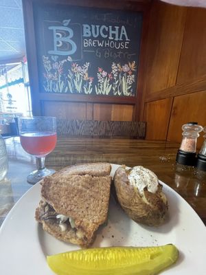 Mushroom panini with baked potato  at Bucha Brewhouse and Bistro in Princeton