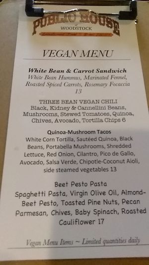 Current vegan menu.  at Public House of Woodstock in Woodstock