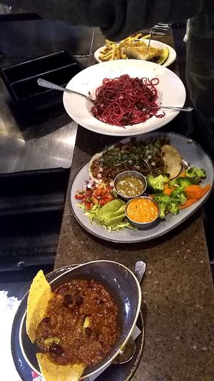 Quinoa three bean chilli, quinoa mushroom tacos, beet pesto pasta, white bean hummus carrot sandwich  at Public House of Woodstock in Woodstock