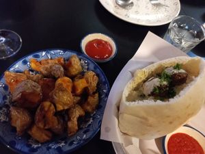 Falafel sandwich and fried potatoes at Hummus Chiang Mai in Chiang Mai