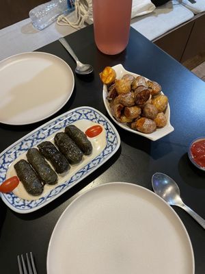 Fried potatoes and stuffed vine leaves  at Hummus Chiang Mai in Chiang Mai