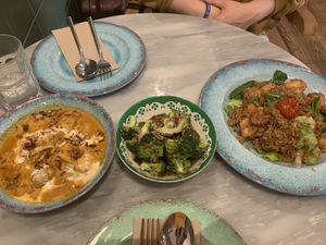 Tofu massaman, vegan fried rice, stir fried broccoli   at Rosa's Thai Cafe in Liverpool