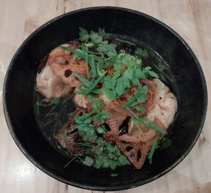 Cabbage gyoza duplings, ponzu-sesame soy wasabi sprouts and togarashi. at Hügge in Turku