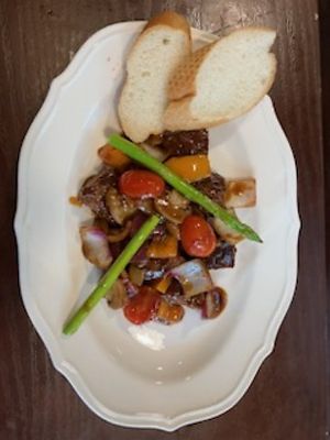 Chopped Steak with 2 slices of baguetter, purchased a loaf separately, during pre-opening at OOH Breado - Sangdo-dong - 우부래도 상도점 in Seoul