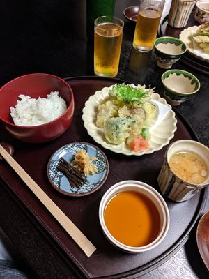 Tempura, miso, rice, pickled veggies at Haginoya in Nakatsugawa