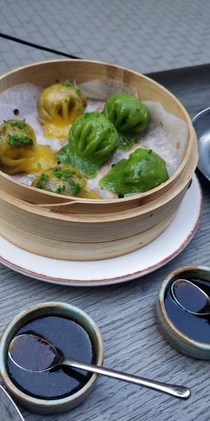 Dumplings, one with mushrooms one with spinach at Waipo in Stockholm
