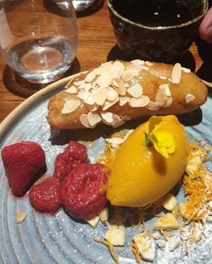 Deep fried banana & tea for dessert. at Waipo in Stockholm