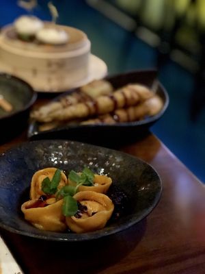 Pumpkin dumplings, served in a soy and chili sauce.  at Waipo in Stockholm