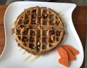 Carrot cake Belgian waffles  at Origin  in San Pedro