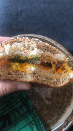 Carrot lox bagel  at Inzora Rooftop Café in Kigali