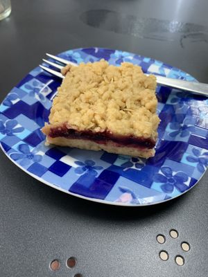 Blackcurrant crumble cake, vegan and yum at Barnett's in Loughborough