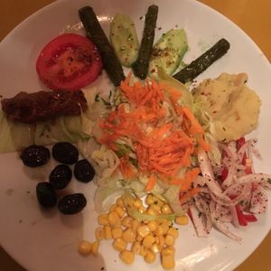 Vegan mezze (no dairy items or meat, replaced with salad items and olives)  at Pumpkin in Goreme