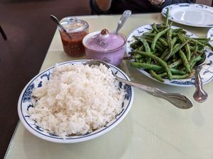 Green beans and fresh cooked jasmine rice at New Peking Wok in Federal Way