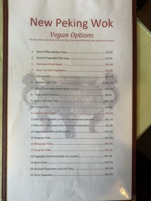 Vegan Menu at New Peking Wok in Federal Way