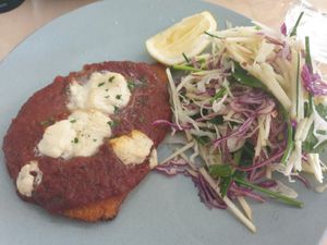 Vegan parmigiana with 'slaw' - does not have mayo. at Geelong Hotel in Geelong