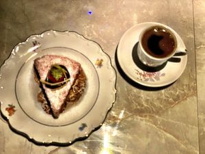 Frozen strawberry cake with Turkey coffee 🌱😍 at Bordo Bina in Canakkale