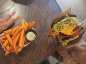 Burger and fries at Two Monkeys in Copenhagen