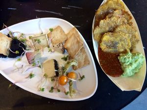 Nut cheese platter and Plantain chips with guacamole and salsa  at Two Monkeys in Copenhagen
