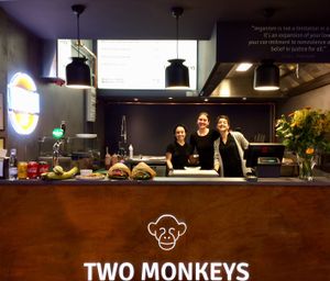 Two Monkeys’ friendly staff inside Boltens Food Court  at Two Monkeys in Copenhagen