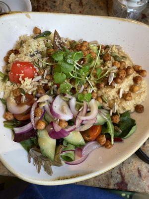 Lovely staff. Separate vegan menu and also vegan suitable food like this Buddha bowl. Followed by an oat milk hot chocolate. Lovely inside    at Oriel in Poole