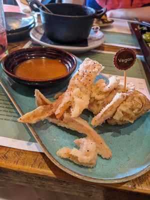 Beer battered Banana Blossom and Katsu Curry Sauce at Four London Road in Waterlooville