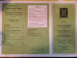 Separate vegan menu  at Four London Road in Waterlooville