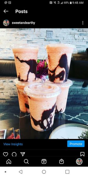 Morning glory smoothie with chocolate drizzle ...ask for vegan chocolate at Sweet & Earthy in Raynham