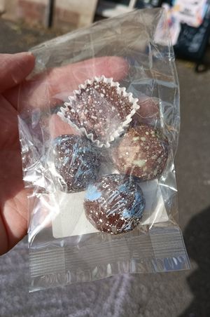 Vegan Earl Grey (blue), chai (green), hazelnut (square) at Chococo in Exeter