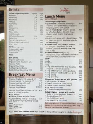 Menu at Phoenix Café in Findhorn