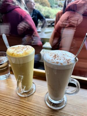 Drinks inc tumeric latte   at Phoenix Café in Findhorn