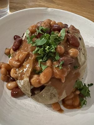 Vegan chilli jacket potato   at Phoenix Café in Findhorn
