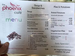 Phoenix Cafe menu, April 2019 at Phoenix Café in Findhorn