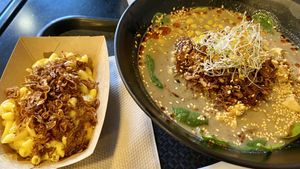 Masterpiece ramen and spicy Mac & miso  at REDWHITE BONELESS RAMEN - Boston in Boston