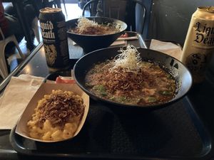 Yuzu (back) original miso (front) Mac and truffle (front left)  at REDWHITE BONELESS RAMEN - Boston in Boston