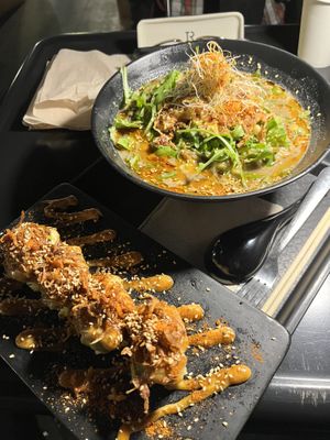 Four pieces of spicy, roasted miso avocado, with number five Yuzu sesame Ramen bowl.  at REDWHITE BONELESS RAMEN - Boston in Boston