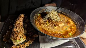 Spicy ramen and roasted miso avocado sushi at REDWHITE BONELESS RAMEN - Boston in Boston