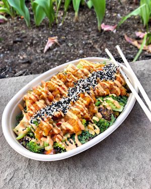 The humble bowl! With spicy mayo!  at REDWHITE BONELESS RAMEN - Boston in Boston
