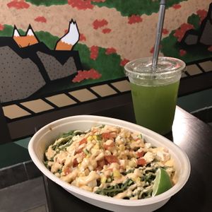 A picture of the Summer Ramen and the iced green tea. (Featuring the FinalStraw.)  at REDWHITE BONELESS RAMEN - Boston in Boston