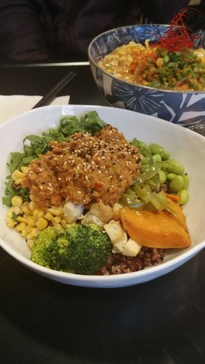 
1. MONK *G (humble bowl) USD10.95
Miso Curry - Broccoli, Tofu, Corn, Yam potatoes, Green peppers, Edamame, Kale, Arugula, Spinach, Monk curry sauce

2. Buddha Ramen USD10.95 at REDWHITE BONELESS RAMEN - Boston in Boston