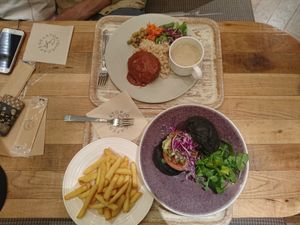 Vegan karaage burger with L size fries, and vegan hamburger at Pique Cafe in Tokyo