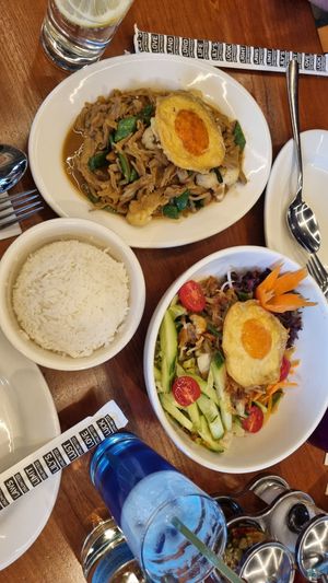 Gado Gado Salad and Fire Pea Bai Krapao with Rice at Lily's Factory in Zurich