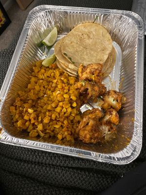 Taco Tuesday platter with squashacado and bangin cauliflower, minus the toppings that were missing  at Jefe's in Longmont