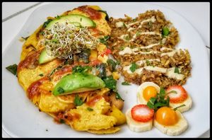 vegan omelete and hash browns at The Culinary Alchemists in Nuevo Arenal