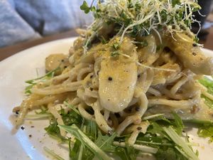 Mushroom soy cream pasta with soy mince was amazing  at Be Happy! Chikyushoku in Nabari
