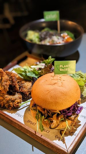 Vegan Teriyaki Pulled Mushroom Burger, Eggplant "Unagi" Donburi at SIN - Prive - Jewel  in East Singapore