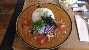 Soy "meat" curry with eggplant and tomato at Makarimo Curry in Kyoto