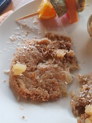 One of the three vegan and gluten free banana pancakes. Picture taken before the first bite. at Elbsalon in Dresden