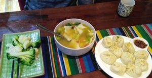 Steamed veggies, "bread" vegetable soup, vegetable momos. All vegan at Bodhi in Shangri-la