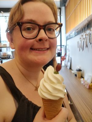 Soy soft serve makes me happy! at Mamemaru in Sendai